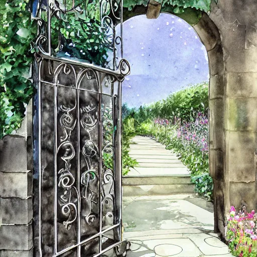 Image similar to delicate, garden, paved, botanic watercolors, iridescent, 8 k, realistic shaded, fine details, artstation, italian, chairs, iron gate, oak tree, pompeii