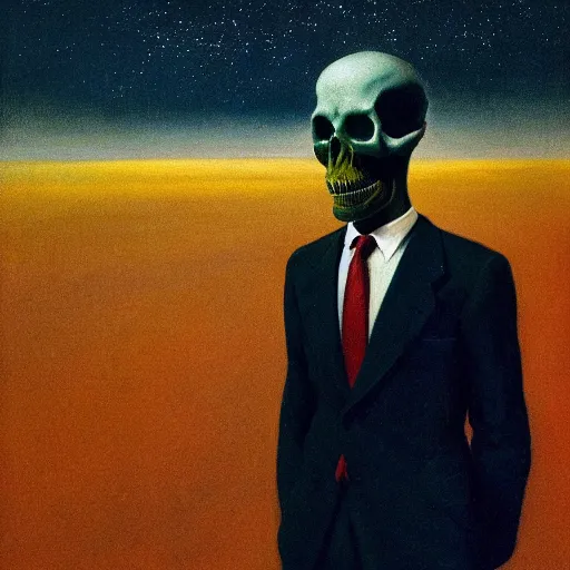 Image similar to a portrait of a man in a suit, his head is a skull, it is night and the sky is covered in stars, dramatic and cinematic lights, in the style of zdzislaw beksinski, in the style of edward hopper, 4 k,