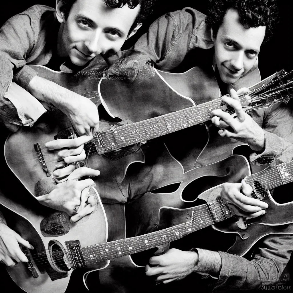 Prompt: award winning photo of julian lage playing jazz guitar, vivid colors, happy, symmetrical face, beautiful eyes, studio lighting, wide shot art by Sally Mann & Arnold Newman