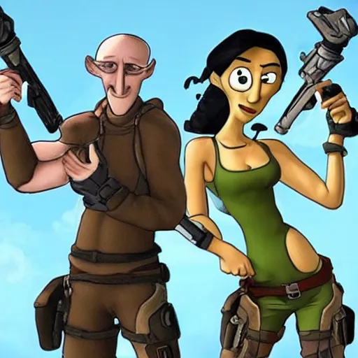 Image similar to Squidward Tentacles wearing Lara Croft's outfit, cartoon, crossover, promotional image