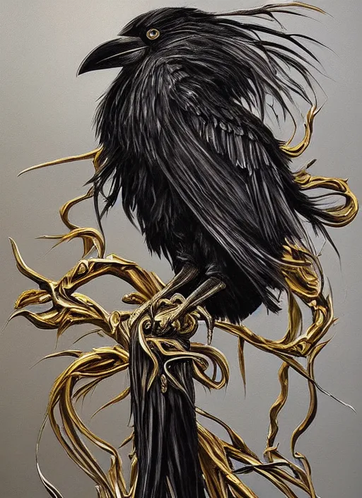 Image similar to crow shape, award - winning painting, abstract, gold and silver colors,, elegant, luxurious, beautiful, lovecraftian, beksinksi, chiaroscuro