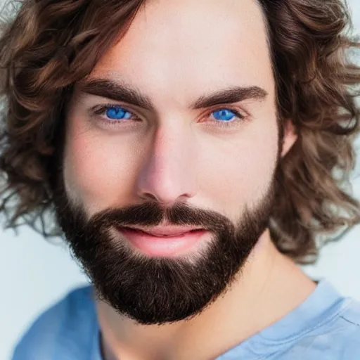 Image similar to caucasian face, long brown hair, bad skin, beard, skinny, blue eyes, smiling, ultrarealistic