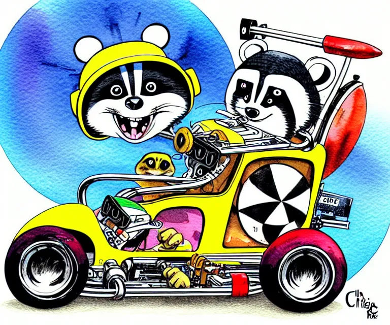 Image similar to cute and funny, racoon wearing a helmet riding in a tiny top fuel dragster funny car, ratfink style by ed roth, centered award winning watercolor pen illustration, isometric illustration by chihiro iwasaki, edited by range murata