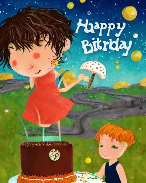 Image similar to happy birthday postcard in a style of Neil Gaiman book , birthday cake for a young black haired girl, trending on artstation, 8k, highly detailed