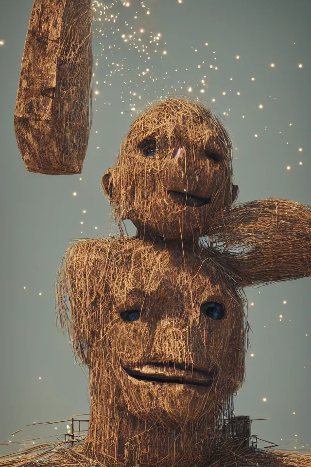 Image similar to beautiful close - up intimate portrait of a big wooden scarecrow, floating particles, sparks, made of wood, octane render, holding a very shiny metallic aluminium rustic axe, bokeh, soft focus, f 1. 8, unreal engine, particles, raytracing