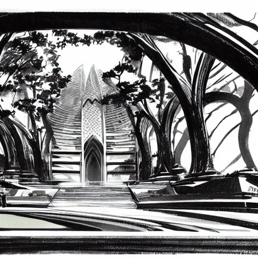 Image similar to drawing of Rivendell by Syd Mead