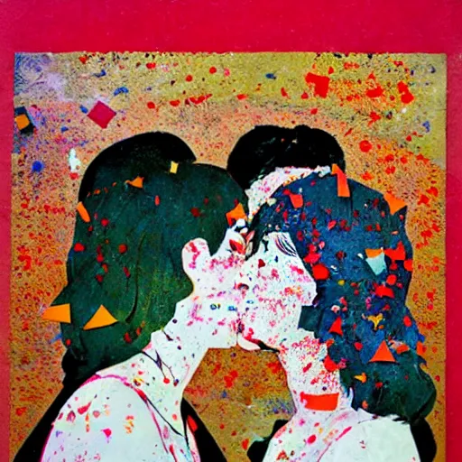 Prompt: two women kissing at a carnival, mixed media collage, retro, paper collage, magazine collage, acrylic paint splatters, bauhaus, claymation, layered paper art, sapphic visual poetry expressing the utmost of desires by junji ito