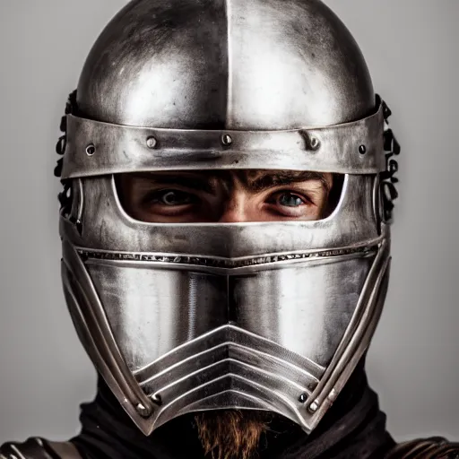 Prompt: face portrait of a medieval knight, fiery, helmet, piercing eyes, stern, beard, scary smile, intense, dramatic, 8 k studio photo