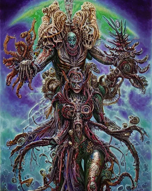 Prompt: silver mechanical charred bloody fleshmetal obliterator cyborg daemonhost woman wearing robes, psychedelic flamer of tzeentch with extra arms gunner, blue and green rainbow fire, by antonio j. manzanedo, alex grey, android jones, wayne barlowe, philippe druillet, josephine wall, harumi hironaka, cronenburg, trending on artstation