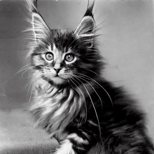 Image similar to close up of a maine coon kitten wearing soldier helmet in the battle, ww 2 historical photography, black & white