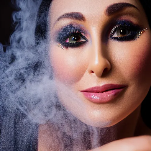 Image similar to Photo of Cher Llyod, close-up, high detail, studio, cheerful background, smoke, 85mm Sigma Art Lens