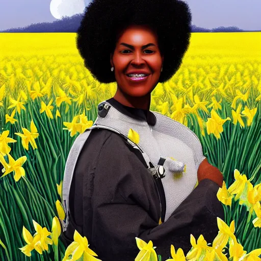 Prompt: a digital painting high resolution hypereealistic of a nubian woman wearing an astronaut standing in an open field of yellow daffodils