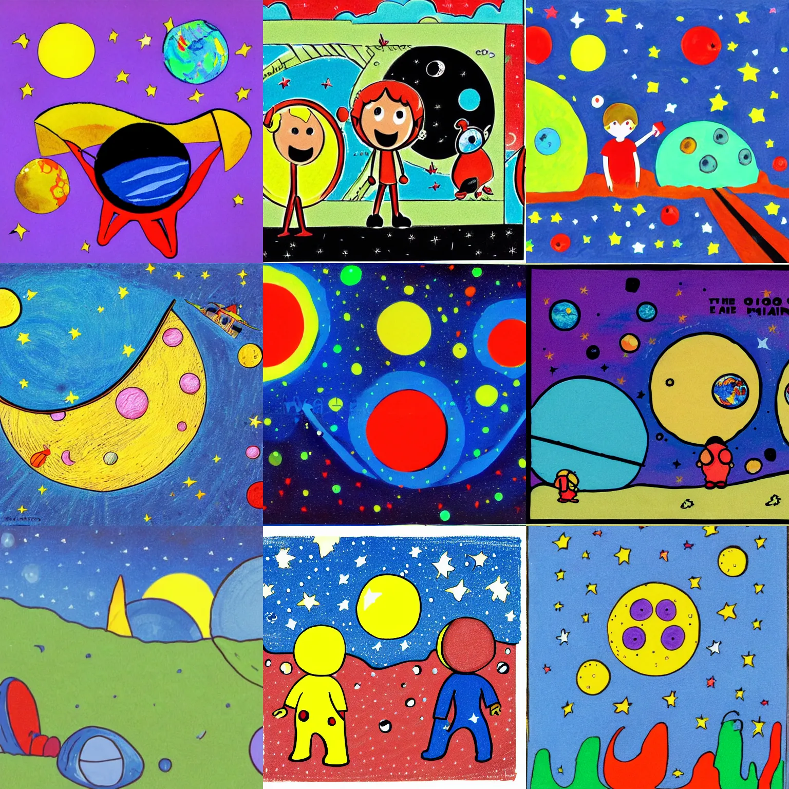 Prompt: The children looked down at the craters on the moon from a spaceship, Illustration for small Children in the style of Dorothy Brook, , primary color scheme