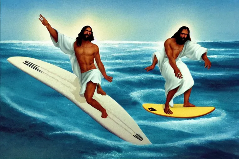 Image similar to jesus surfing the vibe wave