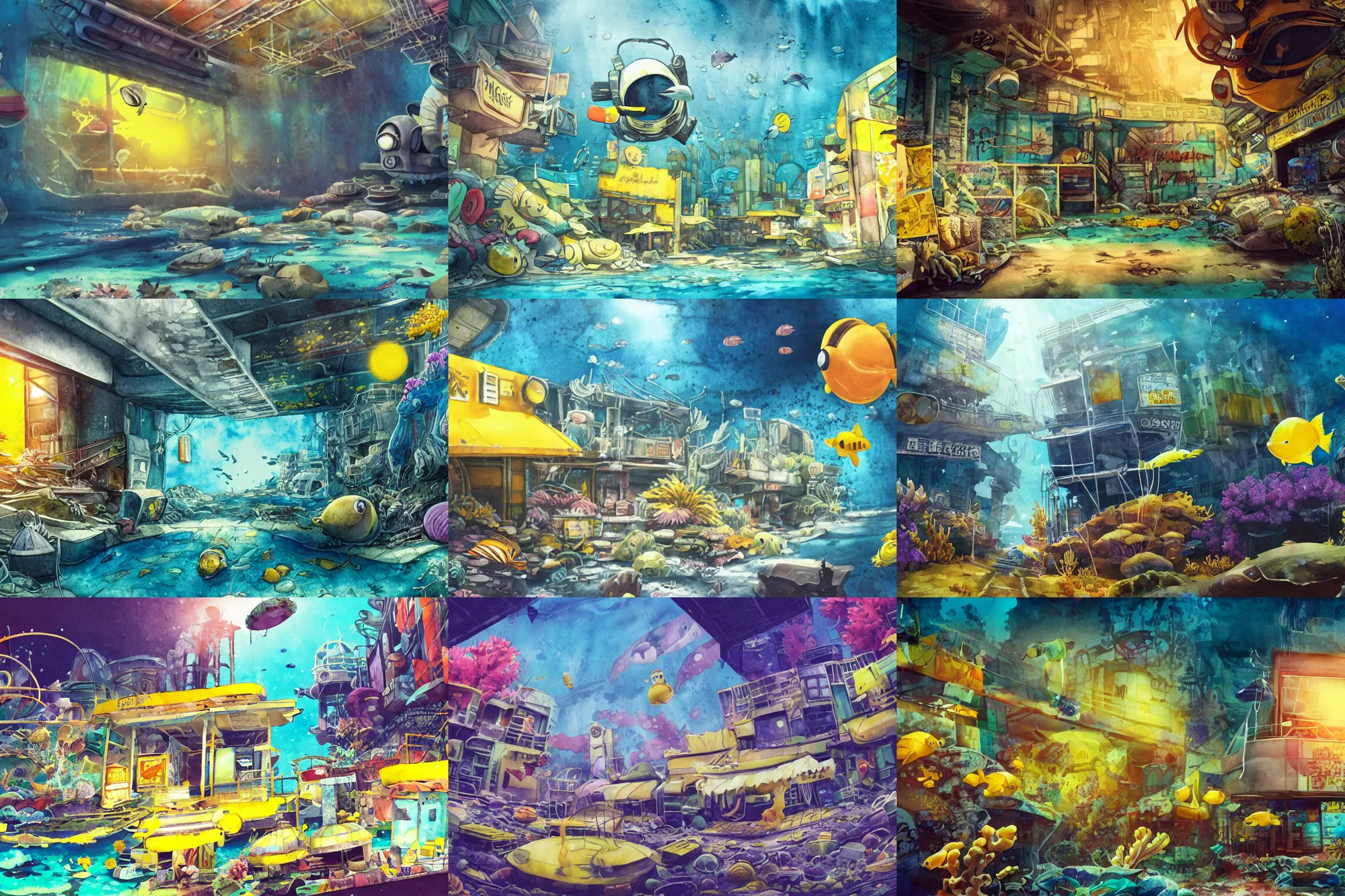 Prompt: incredible underwater movie scene, anime background, simple watercolor, harsh bloom lighting, rim light, astronaut exploring underwater abandoned city, paper texture, movie scene, foreground deep sea explorer, yellow graffiti in shinjuku junk town, yellow awning, old pawn shop, bright sun, coral growing on buildings, tropical fish