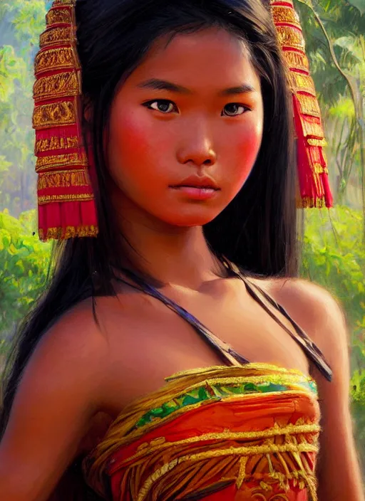 Image similar to portrait of a beautiful teen khmer ethnic cambodia, closeup portrait, historical, ethnic group, traditional costume, elegant, loin cloth, highly detailed, oil painting, artstation, concept art, matte, sharp focus, illustration, hearthstone, art by earl norem