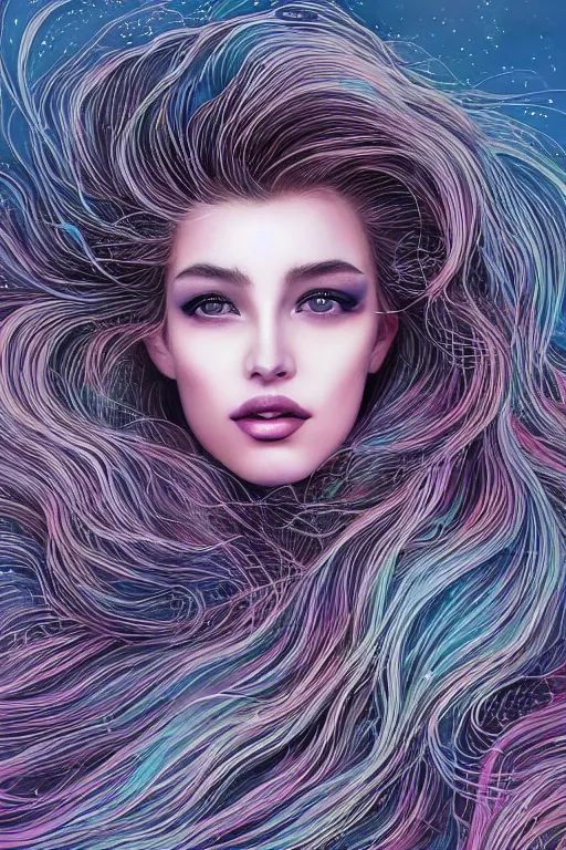 Image similar to one beautiful young woman's face, magical, windblown, intricate, synth-wave, retrowave, highly-detailed, elegant, dramatic lighting, gorgeous face, lifelike, photorealistic face, long luxurious intricate gown, digital painting, artstation, illustration, concept art, smooth, sharp focus, art by Craig Russel, Barry Smith, artgerm, and Albert Aublet and Krenz Cushart and Artem Demura and Alphonse Mucha