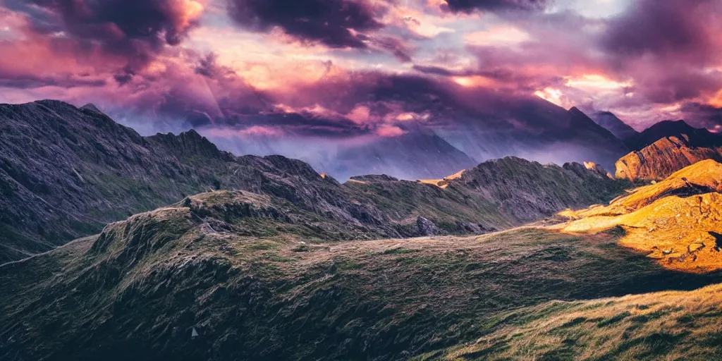 Image similar to Crib Goch!!!!!!!!!!! ridge, rays, epic, cinematic, photograph, atmospheric, dawn, golden hour, sunrise, purple golden blue sky clouds, lake, arthouse cinema, Sofia Coppola, soft focus