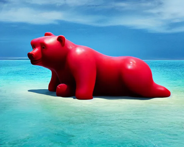 Image similar to a giant sculpture of a giant gummy bear on the ocean water, award winning, hyper - realistic, very detailed, realistic water, water splashes, ray tracing, 8 k resolution, long - shot, sharp focus, low angle, 8 5 mm photograph, wide lens