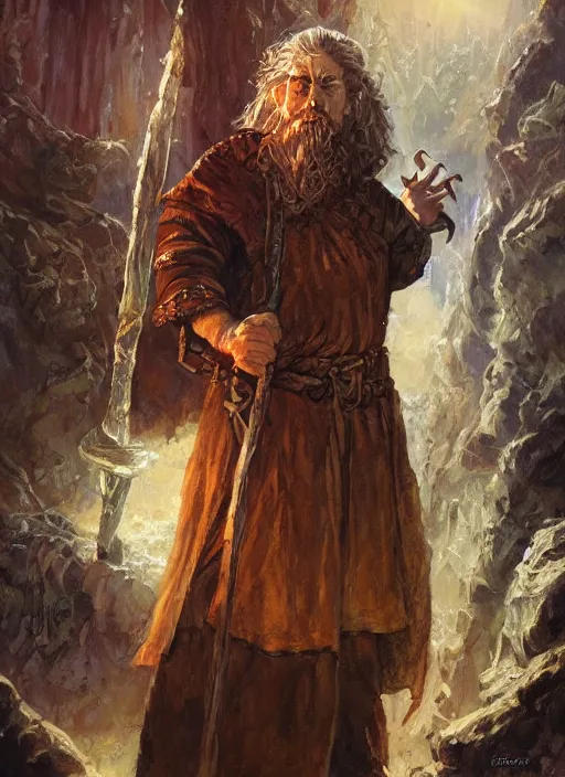 Prompt: a portrait painting of a mage hobbit, ultra detailed fantasy, dndbeyond, dnd character portrait, full body, pathfinder, pinterest, art by ralph horsley, karol bak, ed binkley