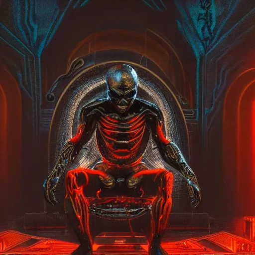 Prompt: highly detailed dark god sit on the tron, surreal, night, death, fear, horror, giger, hyperrealism, detailed and intricate environment