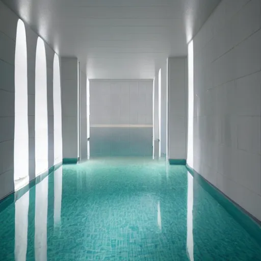 Image similar to an underground pool that leads into a curved hallway, all white ceramic tiles, dark lighting, surreal, liminal space,