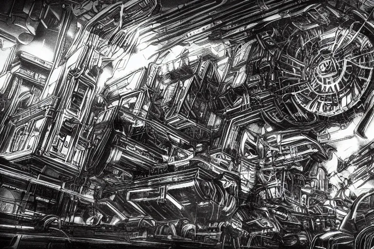 Image similar to ''robotic giant machines, chaotic atmosphere, blurry, cinematic, drawing''