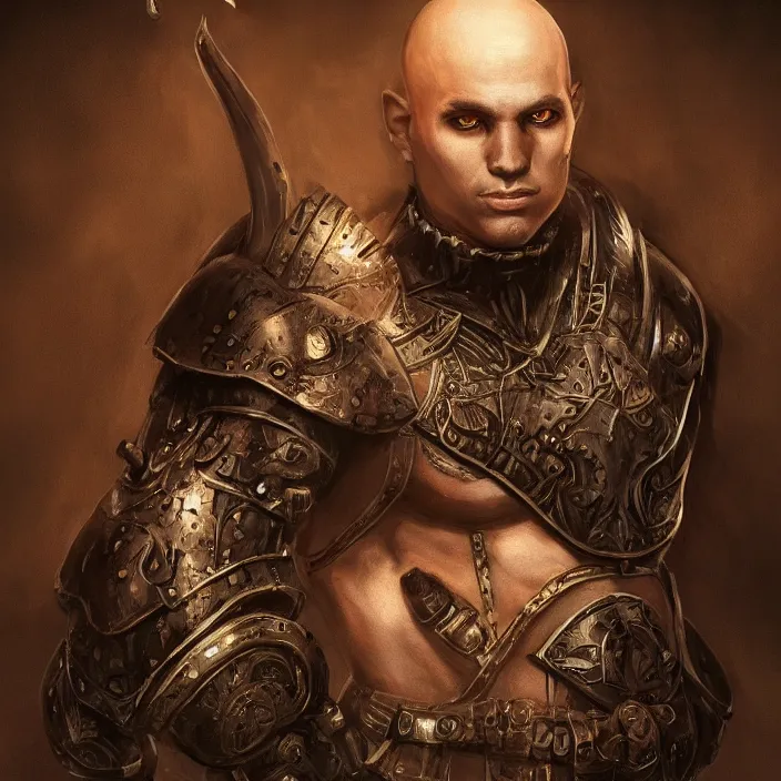 Image similar to a highly detailed symmetrical full body painting of a bald male warrior in dark armour with piercing eyes in dark tomb setting, dynamic lighting, ambient lighting, deviantart, artstation