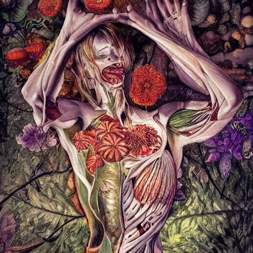 Prompt: a beautiful detailed photo of a rotten woman corpse morphing into fractal plants and fractal flowers and mushrooms, muscles, veins, anatomical, intricate, ornate, volumetric light, beautiful lit, manet