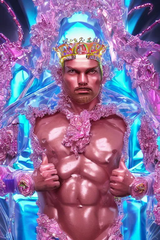 Image similar to hyper detailed ultra sharp fullbody photo of baroque and cyberpunk transparent pink gem sculpture of a muscular seductive muscular macho italian man feeling muy cachondo, muy dotado, iridescent humanoid deity wearing pink plastic seethrough cloak, holding a rainbow tiger gem, blue diamond, glowing pink face, crown of white diamonds, cinematic lighting, photorealistic, octane render 8 k