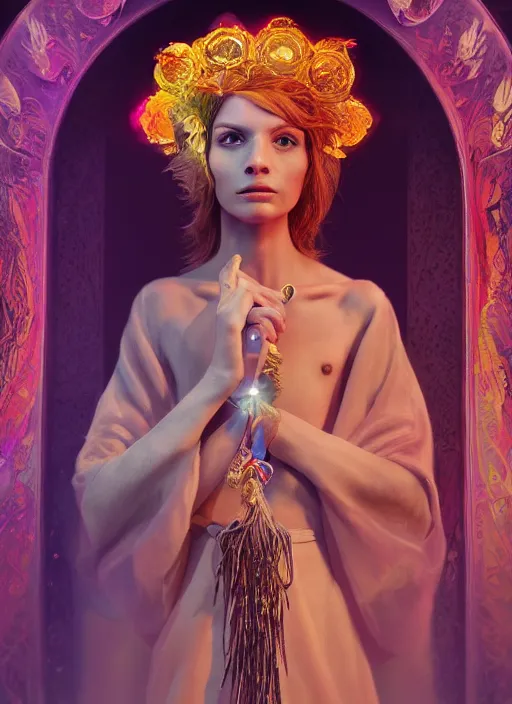 Prompt: an anthropomorphic beautiful goddess female wizard made of angel portrait holding a staff wearing colourful robe, fine art, award winning, intricate, elegant, sharp focus, octane render, hyperrealistic, cinematic lighting, highly detailed, digital painting, 8 k concept art, art by jamie hewlett and z. w. gu, masterpiece, trending on artstation, 8 k