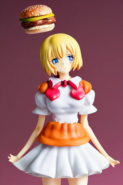 Prompt: figurine of hamburger wearing an elegant summer blouse, personification, official store photo, commercial photo, featured on amiami, lovecraftian, 8 k, 8 5 mm, beautiful composition
