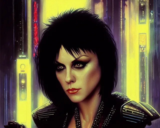 Prompt: a 4 k cinematic screenshot still portrait of joan jett in bladerunner, deep focus, d & d, fantasy, intricate, elegant, highly detailed, digital painting, artstation, concept art, matte, sharp focus, illustration, dark fantasy style art, hearthstone, art by artgerm and greg rutkowski and alphonse mucha