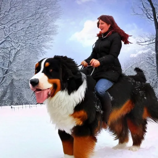 Image similar to girl riding giant Bernese Mountain Dog in the snow, trending on artstation