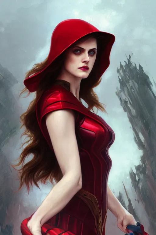 Image similar to alexandra daddario as scarlett witch, realistic portrait, symmetrical, highly detailed, digital painting, artstation, concept art, smooth, sharp focus, illustration, cinematic lighting, art by artgerm and greg rutkowski and alphonse mucha