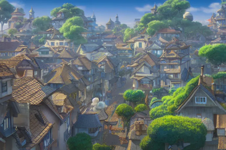 Image similar to a wholesome animation key shot of a traditional city with tiled roofs, medium shot, studio ghibli, pixar and disney animation, sharp, rendered in unreal engine 5, anime key art by greg rutkowski, bloom, dramatic lighting