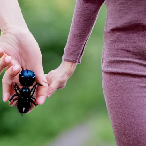 Image similar to a woman going for walk, holding hands with a spider.