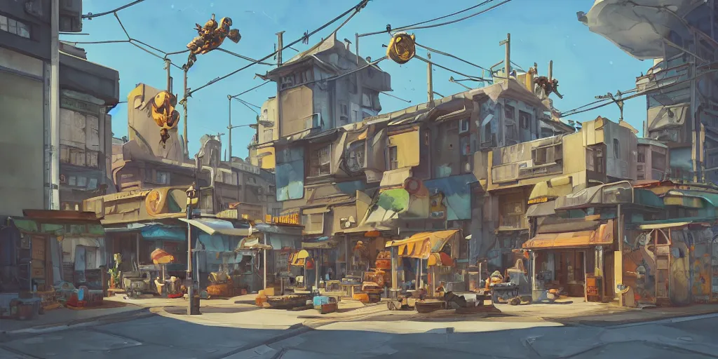 Prompt: overwatch building, stylized, exterior, architecture, in watercolor gouache detailed paintings, insanely detail, artstation, 8 k, futuristic, big medium small, arcane, simon stalenhag, food stall, interesting shapes & form, golden ratio, hard surface, props, lots of decoration and furniture, slums, street, wes anderson