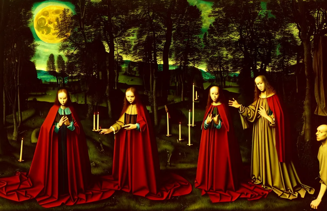 Image similar to altarpiece death roll intact flawless ambrotype from 4 k criterion collection remastered cinematography gory horror film, ominous lighting, evil theme wow photo realistic postprocessing visuals excite moon visible through the trees has its own distinctive quality quite unlike any other painting by jan van eyck