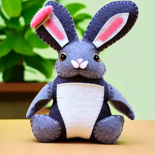 Image similar to a cute elegant felt plush doll of a rabbit wearing overalls detailed highly realistic