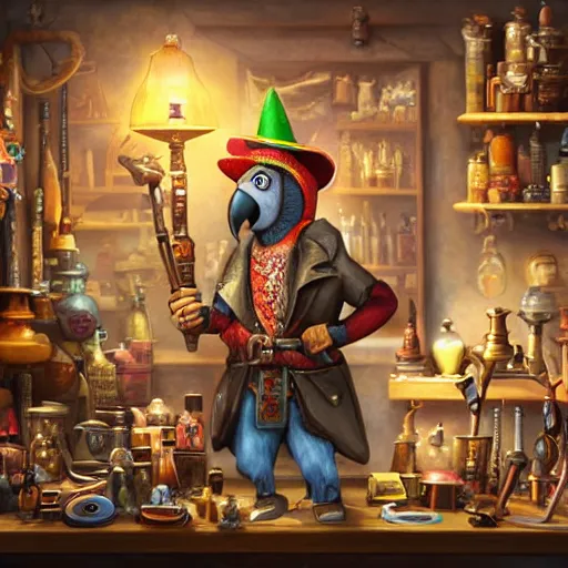 Image similar to Anthropomorphized parrot trader in his shop, medium shot, items, weapons, magic potions, trinkets, carpet, lamps, window, fancy hat, warm light, sly expression, cunning expression, cute expression, long thick shiny black beak, D&D, fantasy, cinematic lighting, highly detailed, digital painting, artstation, concept art, smooth, sharp focus, illustration, warm light, cozy warm tint, strong colours, magic the gathering artwork, volumetric lighting, 8k, art by Akihiko Yoshida, Greg Rutkowski