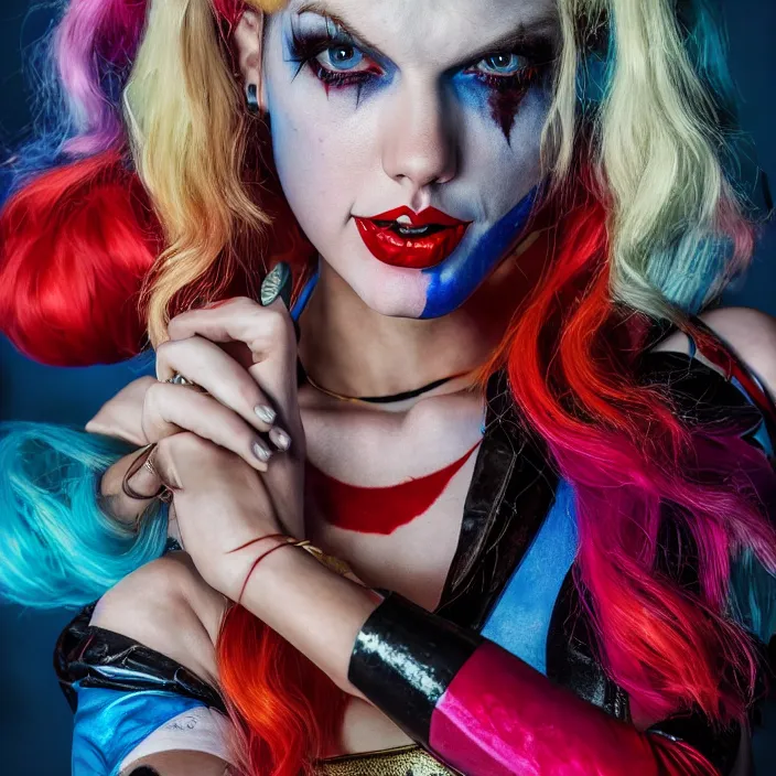 Image similar to portrait of Taylor Swift as a harley quinn in Suicide Squad. intricate abstract. intricate artwork. by Tooth Wu, wlop, beeple, dan mumford. octane render, trending on artstation, greg rutkowski very coherent symmetrical artwork. cinematic, hyper realism, high detail, octane render, 8k, iridescent accents