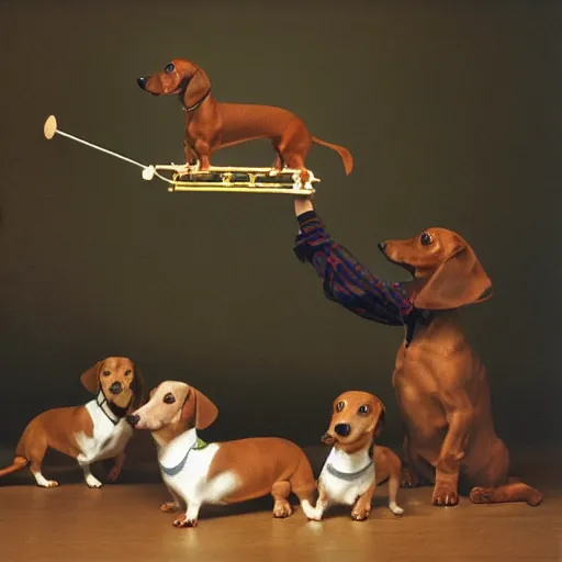 Image similar to dachshund conducting an orchestra, 8 k, color film, photorealistic,