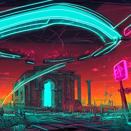 Prompt: neon ancient ruins, digital art, retrowave art, trending on art station