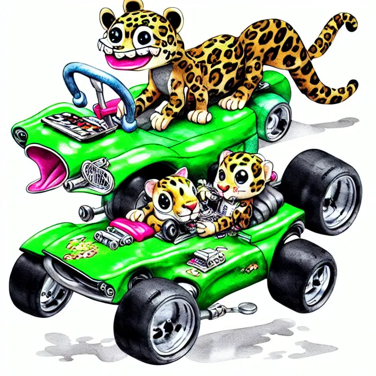 Image similar to cute and funny, baby leopard riding in a tiny go kart with oversized engine, ratfink style by ed roth, centered award winning watercolor pen illustration, isometric illustration by chihiro iwasaki, edited by range murata, tiny details by artgerm and watercolor girl, symmetrically isometrically centered