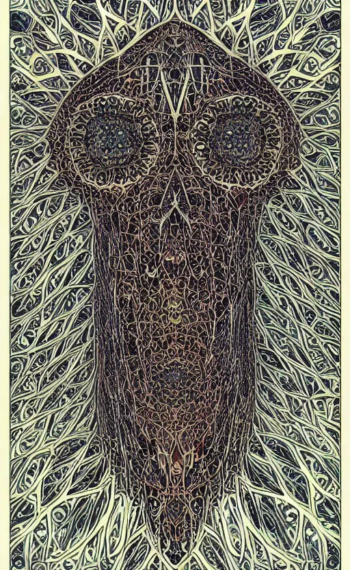 Image similar to intricate skull of a crow, islamic patterns flowing into eachother, voronoi, fibonacci sequence, leaves, by Moebius, hiroshi yoshida, mosque, intricate delicate mathematical patterns, cgsociety, complementary colour scheme, psychedelic, 3d