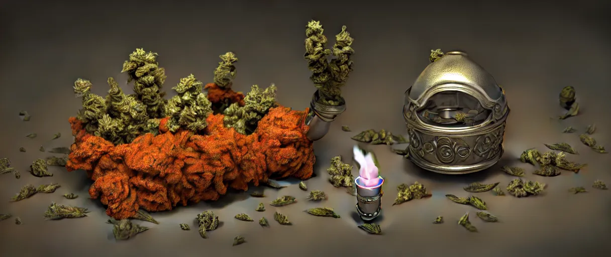 Image similar to hyperrealist highly detailed english medieval portrait of bong ashtray bic lighter small pack of weed marijuana baggy. burning water, radiating atomic neon corals, veiny network growth with ghostly ghost translucent ghost armor, concept art pascal blanche dramatic studio lighting 8k wide angle shallow depth of field, depth of field, bokeh. iridescent accents, octane render, houdini render, bokeh