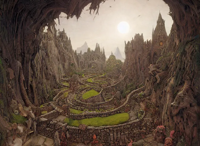 Prompt: jim henson's labyrinth at dawn. the maze of stone corridors is spread out over the hills surrounding the goblin king's castle by edgar maxence and caravaggio and michael whelan and delacroix style, artistic, intricate painting, cinematic lighting, hyper realistic, extremely detailed, establishing shot, 8 k resolution, dramatic lighting