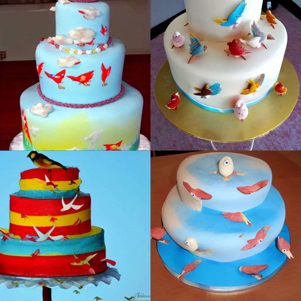 Prompt: flying cake birds migrating for the winter