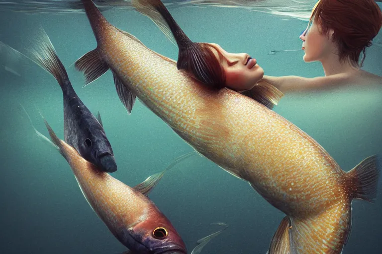 Prompt: long shot photo of fishes swimming around woman, highly detailed, photorealistic, reflections, smooth, sharp focus, concept art, illustration, beautiful, geometric, trending on artstation, cinematic, featured on behance , artwork by WLOP and Tran, Ross